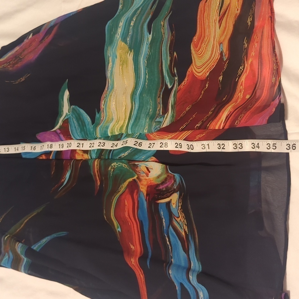 SIGNATURE by ROBBIE BEE. Abstract Print Chiffon. Color Navy Blue Green Orange. - Picture 8 of 11